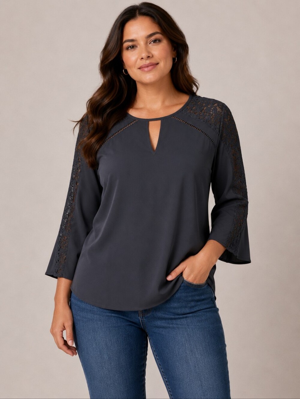 Express Black Keyhole Blouse Small 3/4 Lace Sleeve Career Top